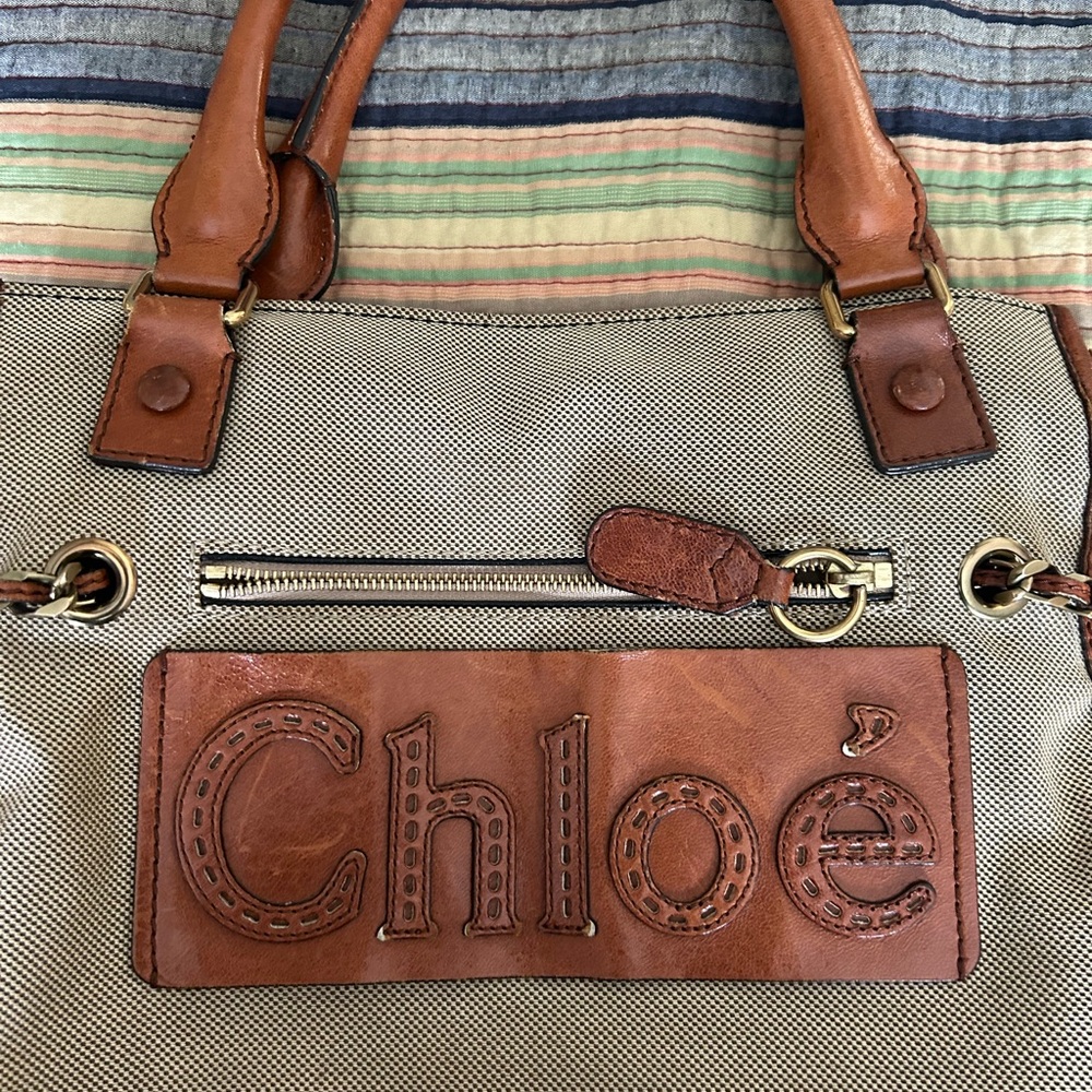 Chloé Beige Canvas and Tan Leather Hobo Tote - Picture 2 of 12